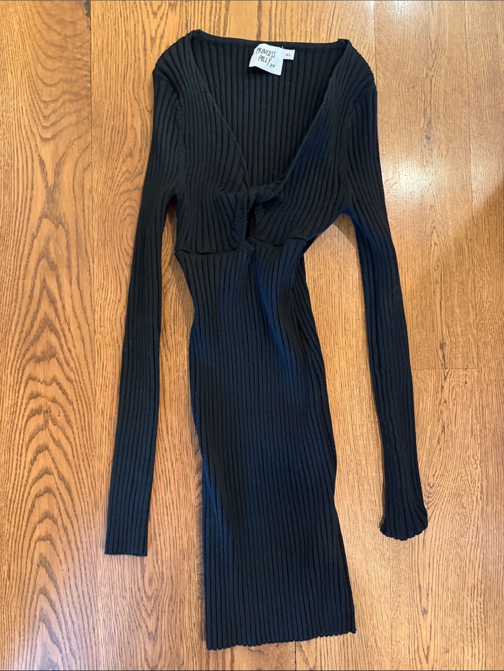 Princess Polly Black Ribbed Long-Sleeve Twist-Front Bodycon Dress